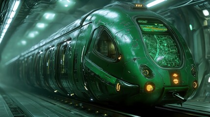 Futuristic train in a dark, damp tunnel, emerald green train with glowing green digital displays.  A long train with a detailed design is situated on