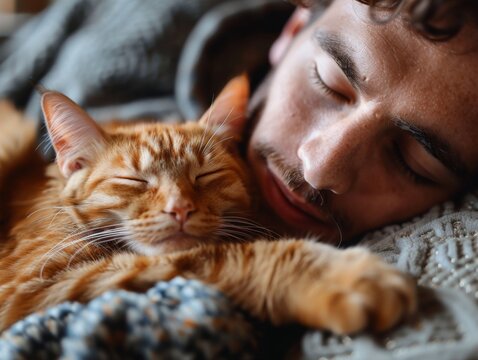 man napping on a couch, his cat curled up on his chest.