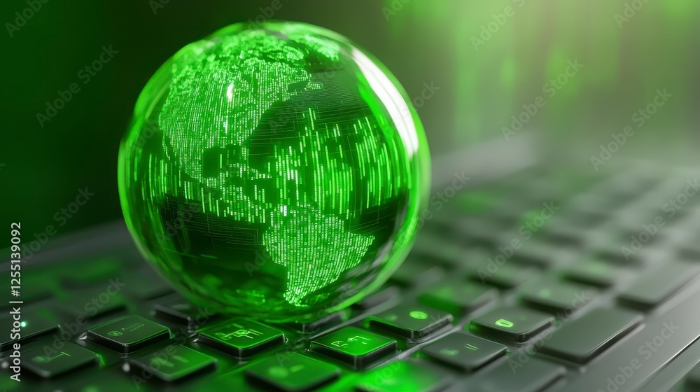 Poster digital green earth globe resting on a dark gray computer keyboard, showcasing glowing green lines r