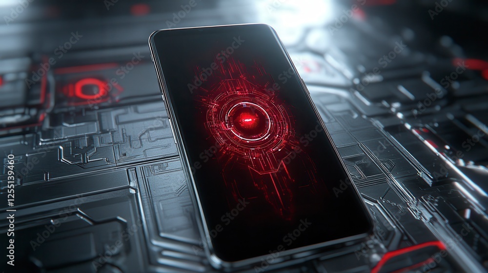 Poster advanced technology mobile phone with a glowing red digital display, lying on a dark metallic surfac