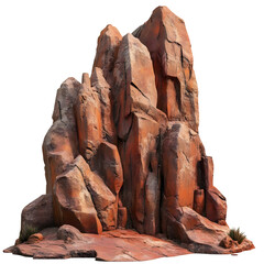 A large, steep group of ancient red mountain rocks. Isolated on white background.