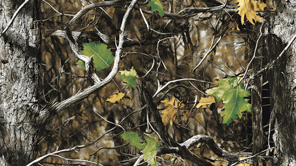 Real-tree camouflage pattern, with tree branches and foliage in the background