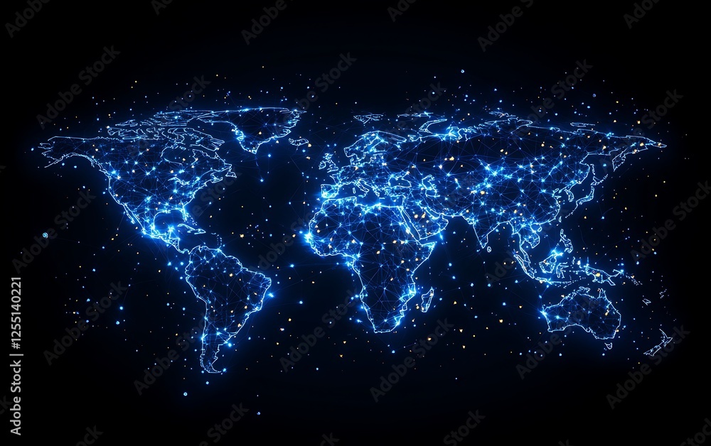 Poster Global network map. World map glowing with interconnected nodes. Background dark space. Stock photo for presentations or social media