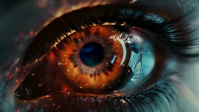 Futuristic digital eye extreme close-up with abstract retina, cyber vision, biometric scan, holographic pupil, high-tech artificial intelligence interface