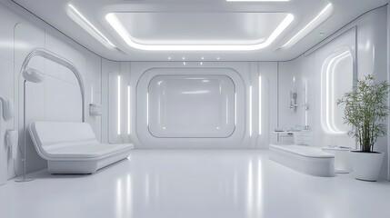 Futuristic White Room Interior Design: Modern Minimalist Space with Clean Lines and Sleek Furnishings