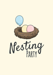 Nesting party. Poster template for children's party. Nest with colorful eggs and balloons. Vector illustration for flyer, banner, invitation