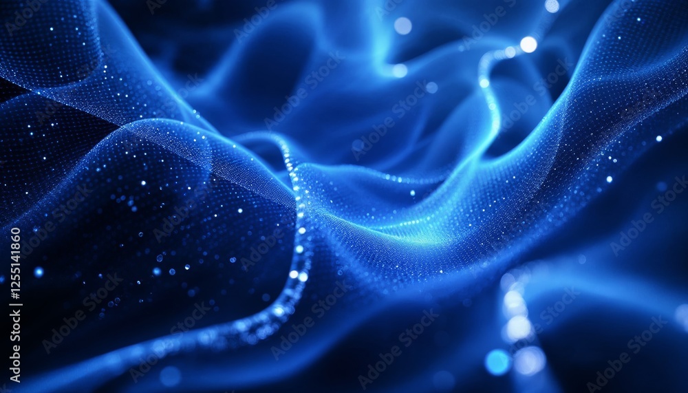 Poster abstract blue digital landscape with flowing data streams and particles