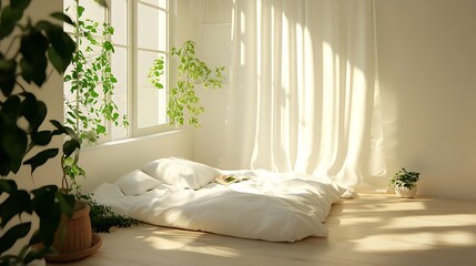 Serene Sunlight Bedroom: Minimalist Interior Design with Plants