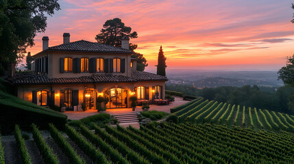 Naklejka premium Immerse yourself in a panoramic view of the rolling vineyards of Bordeaux, where meticulously manicured grapevines stretch to the horizon under a soft, pastel sky, evoking the timeless charm of French