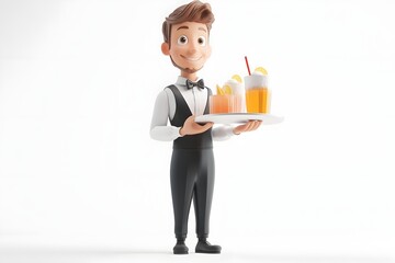 Cheerful 3D Cartoon Waiter Carrying Tray of Drinks on Isolated White Background