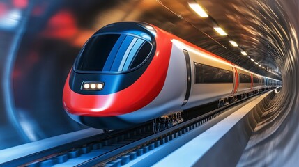 Obraz premium High speed train moving through a dark tunnel, showcasing its sleek modern design in red, white, and black. The tunnel's interior is illuminated with