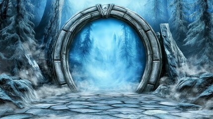 A large, circular, stone archway in a snowy, misty forest, evoking a sense of mystery and wonder....