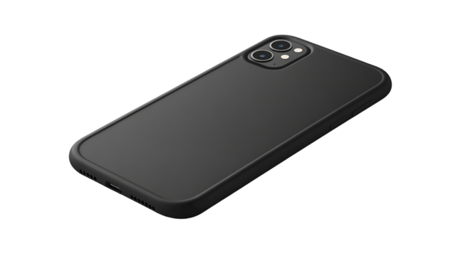 the back side of the Modern Minimalist Black Smartphone in a Sleek Protective Case - Isolated Angled Rear View 
