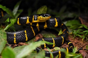 Obraz premium Black and Yellow Snake in Lush Green Environment