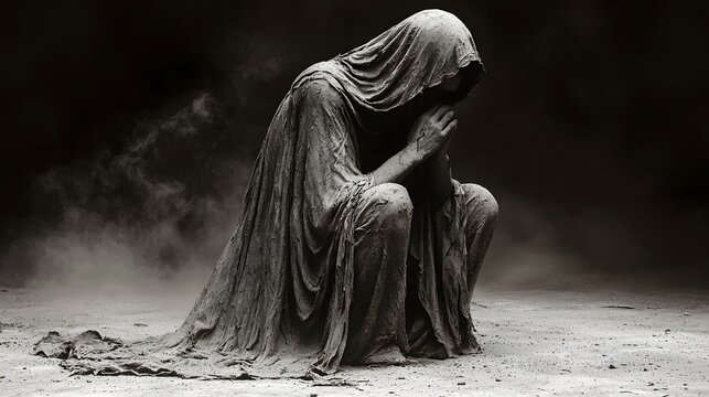 Cloaked figure in a desolate  moody landscape engulfed in an ominous  atmospheric shroud of