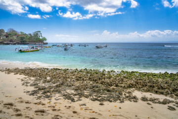 Imagine a serene beach with colorful boats gently bobbing on calm waters while golden sands stretch beneath bright blue sky an ideal location for travel and relaxation, Nusa Lembongan, Bali, Indonesia