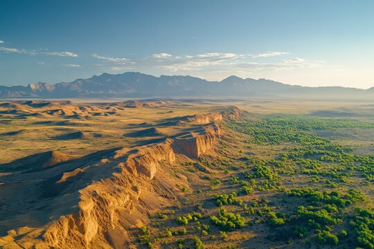 A stunning aerial view of a desert landscape with rugged cliffs, green vegetation, and distant mountain ranges under a clear blue sky.
