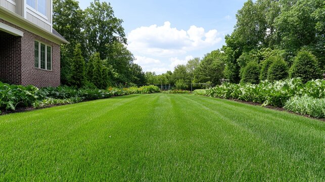 Lush Lawn, Home Backyard,  Green Grass,  Scenic View.  Possible Use Stock photo for real estate listings, landscape design inspiration, or general nature photography