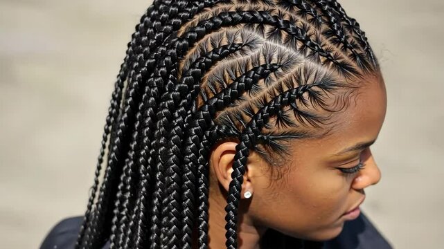 Black African American woman, braids and hair style with fashion, beauty and African ethnicity. Hairstyle, beauty salon and care with weaving, grooming and professional treatment