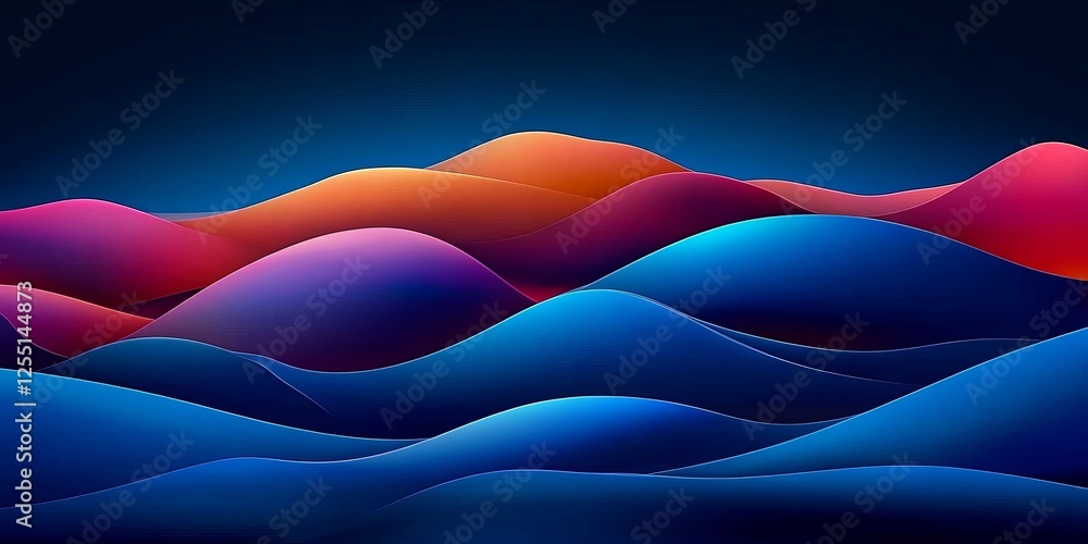 Poster abstract waves in vibrant colors, dynamic flowing lines, layered translucency, dark background