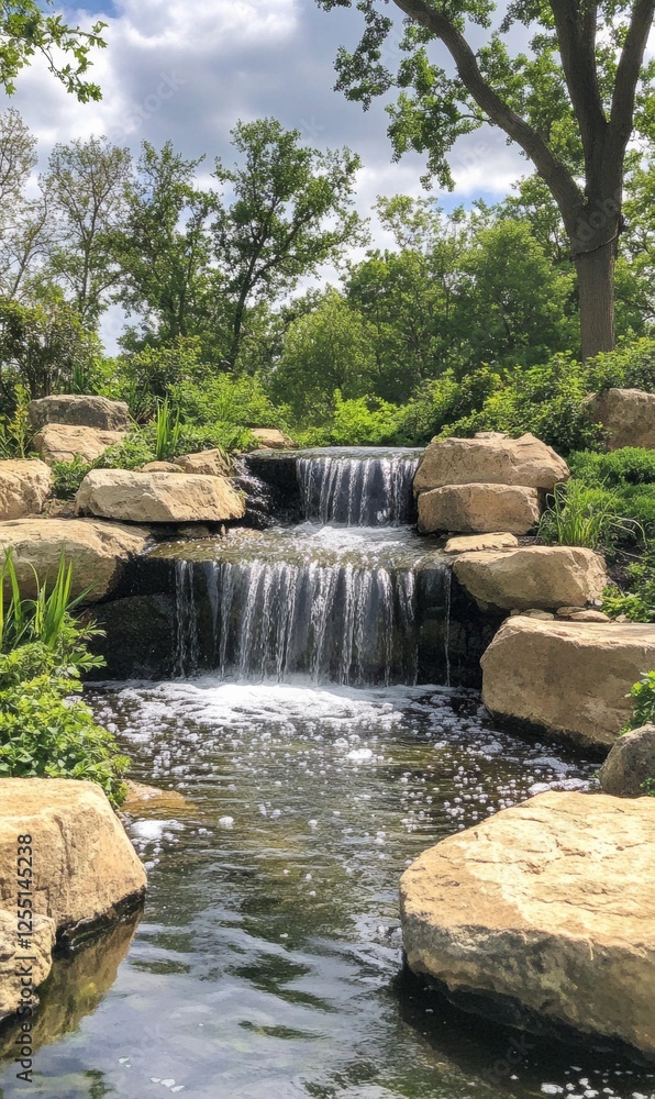 Poster Serene waterfall cascading over stones in tranquil garden setting under cloudy sky. Generative AI