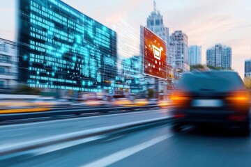 Obraz premium E-commerce innovations in a futuristic city impacting consumer behavior and mental health for global recovery