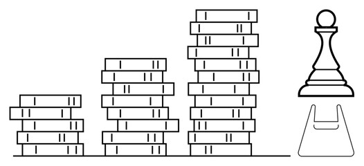 Three progressively taller stacks of books beside a chess pawn piece and a stand. Ideal for education, strategy, growth, learning, planning, knowledge building, decision-making. Abstract line flat