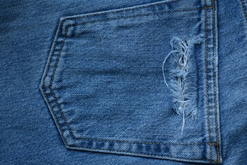 Blue denim as background, denim and pocket for lettering, for poster, torn light grey denim...