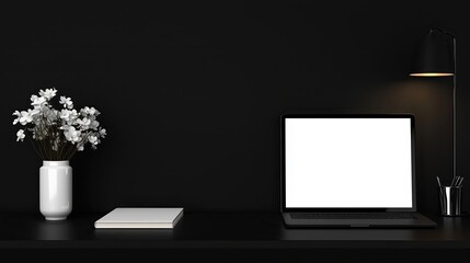 A mesmerizing ultra-minimalist workspace designed for deep focus, modern desk, blank screen laptop, creating a peaceful atmosphere