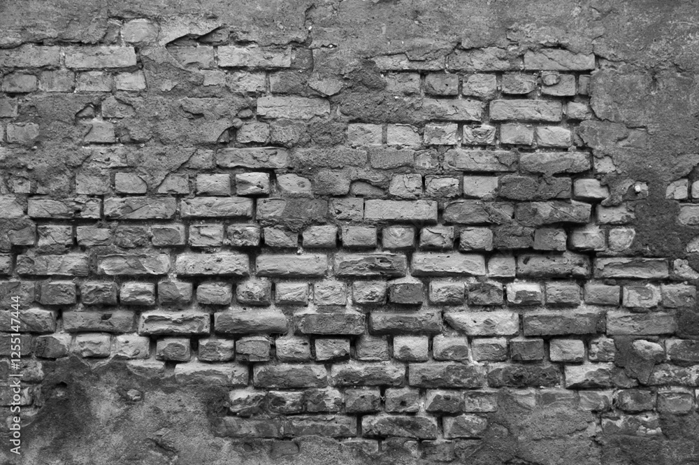 Wall mural gray background, photo shows texture of old brick wall and plaster