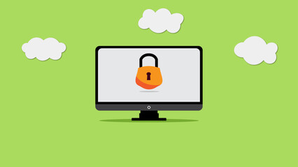 A computer monitor with a padlock icon. Computer system security.