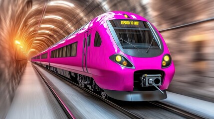 Fototapeta premium High speed bright pink train moving through a dark tunnel, showcasing vibrant color and motion. The tunnel's interior is a mix of warm and cool
