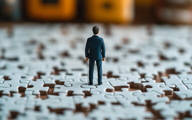 Miniature businessman facing a large jigsaw puzzle. Possible stock use