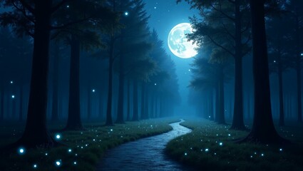 night view in the forest, concept of the tour, a night road with a full moon in jungle, relaxed landscape,  beautiful landscape view, created with generative-ai
