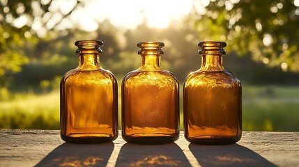 Three Amber Glass Bottles at Sunset in Nature