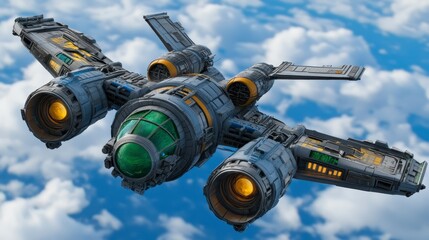 Digital illustration of a pixelated spacecraft, showcasing a futuristic design with a blend of gray, green, and yellow colors. The spacecraft is