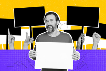 Creative sketch collage of puzzled man activist hold paper sheet picket hands demonstration concept...