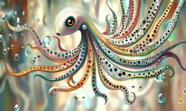 Colorful underwater world showcases an octopus gracefully swimming among bubbles and vibrant corals