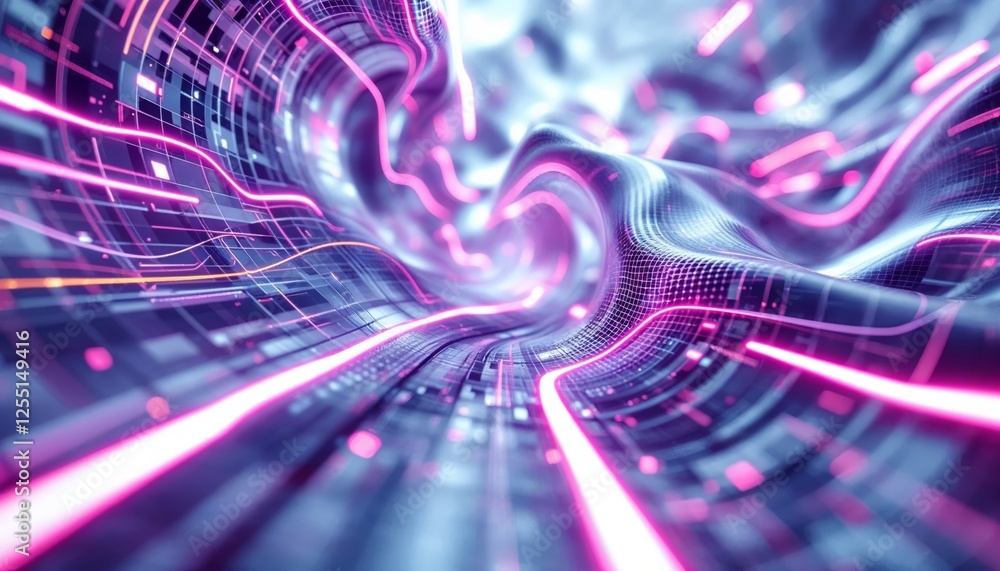 Poster abstract data stream network with flowing pink light in a digital landscape