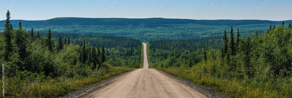 Poster road through a lush forest leads into the horizon on a clear sunny day. generative ai