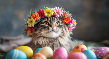 A fluffy cat adorned with a vibrant Easter bonnet sits among pastel-colored eggs, capturing the festive spirit of springtime