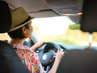 Young woman drives through scenic countryside, hands on wheel, focused on road ahead. Peaceful summer journey through rural landscapes captures freedom and adventure. Croatia, Europe
