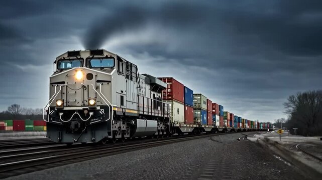 Freight train, railroad and containers with cargo for transportation, logistics and distribution. Locomotive, industry and rail with import export, supply chain and global trade, shipping