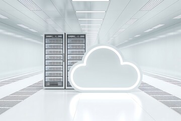 Futuristic data center with glowing cloud symbol representing modern cloud computing and digital innovation in a sleek, white environment.