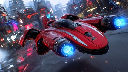 Red futuristic vehicle in flight, amidst a vibrant, neon lit, futuristic city. Rain streaks the vehicle's surface.  The city is dark and full of