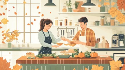 A couple cooking together in the kitchen, preparing Thanksgiving dinner with autumn decorations