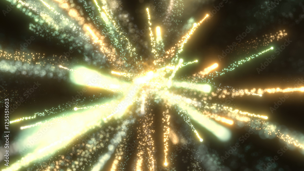 Poster vibrant burst of golden light particles radiating outward, creating a dynamic and dazzling effect in