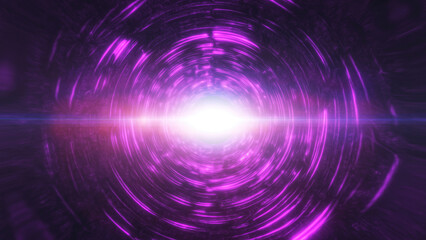A glowing purple tunnel with a radiant light at its center, creating a futuristic and sci-fi aesthetic with bright energy waves and abstract background