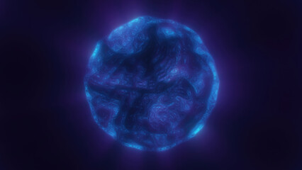 A glowing blue sphere with fluid textures, appearing as an abstract cosmic orbi in deep space
