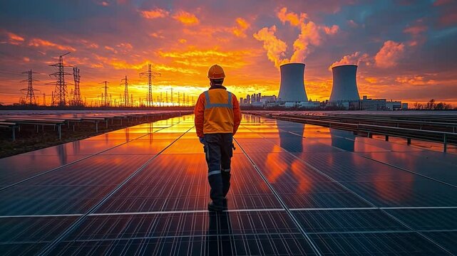 Powering the Future: An engineer surveys a modern power station, where solar panels and traditional energy sources coexist under a dramatic sunset.